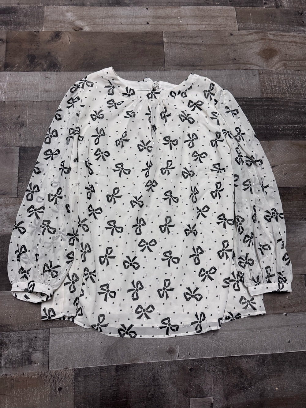Talbots Plus 2X Bow Print Metallic Tie Back Blouse Black White